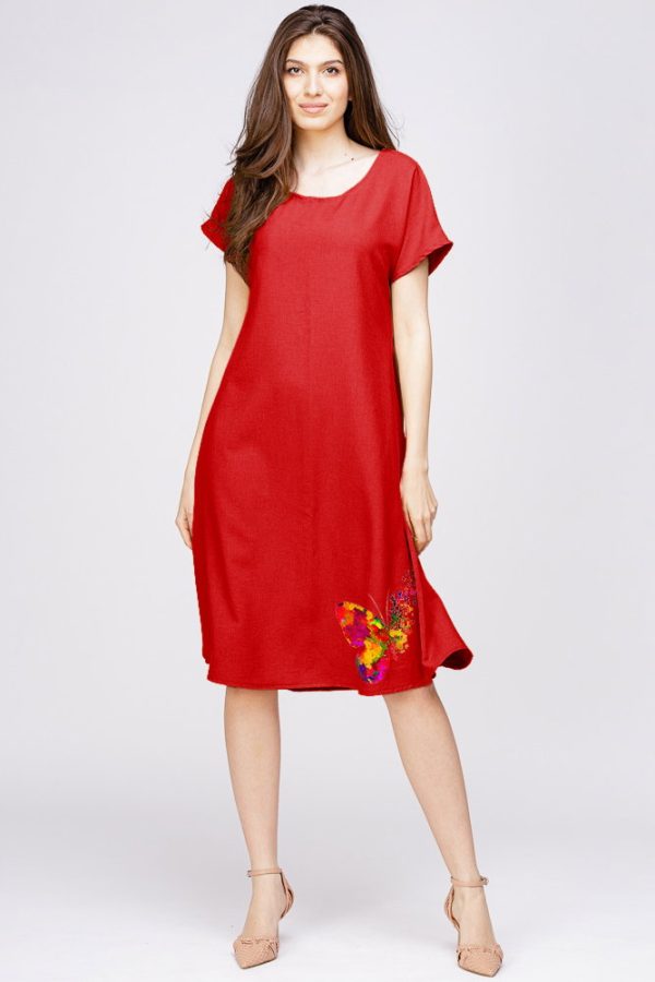 Rochie  A line  din in mercerizat si vascoza rosie, cu imprimeu fluture stilizat