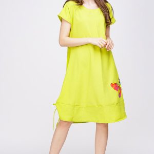 Rochie  A line  din in mercerizat si vascoza, galben lime, cu sireturi laterale si imprimeu fluture