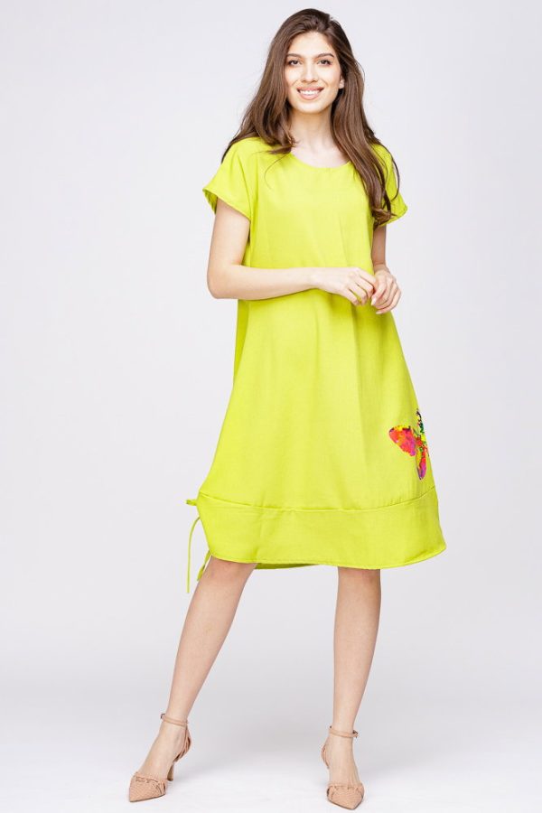 Rochie  A line  din in mercerizat si vascoza, galben lime, cu sireturi laterale si imprimeu fluture