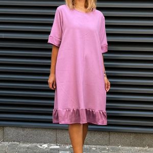 Rochie din in mercerizat si vascoza cu volanas si funda spate, lila