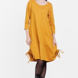 Rochie  A line , din tricot, cu sireturi laterale, mustar
