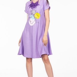 Rochie  A line  lila din in mercerizat si vascoza, cu imprimeu grafic chip