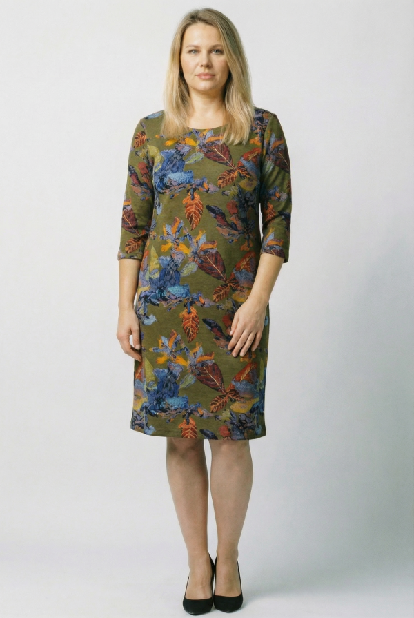 Rochie  A line  , fundal verde si imprimeu frunze, din vascoza
