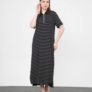Rochie camasa cu fermoar din jerseu de vascoza, neagra cu dungi albe