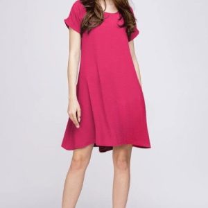 Rochie  A line  magenta din in mercerizat si vascoza usor creponat