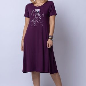 Rochie  A line  midi, bordo din tricot cu imprimeu chip de fata