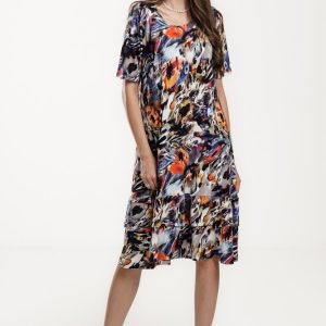 Rochie  A line  midi, cu doua volane poale, din vascoza, cu imprimeu pictural