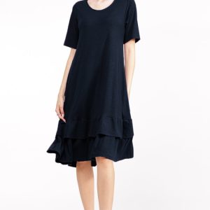 Rochie  A line  midi, cu doua volane poale, din bumbac bleumarin