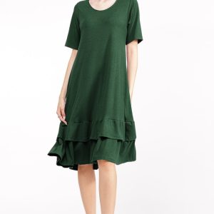 Rochie  A line  midi, cu doua volane poale, din bumbac verde