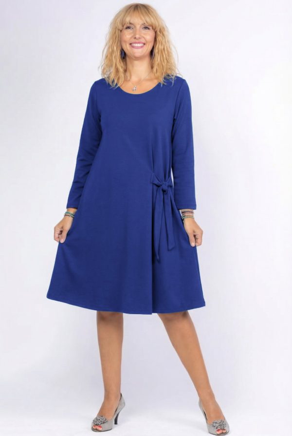 Rochie  A line  midi, cu nod intr-o parte, din vascoza moale albastra