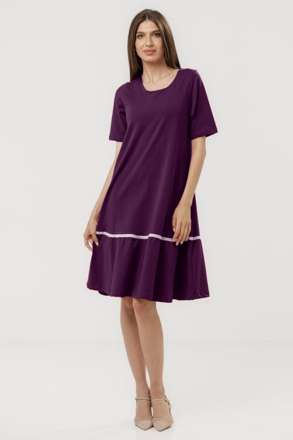 Rochie  A line  midi, cu volan si dantela din bumbac, mov inchis