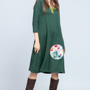 Rochie  A line  midi, din jerseu moale cu aplicatie flori, verde inchis