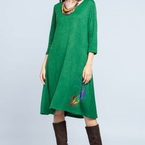 Rochie  A line  midi, din jerseu moale cu imprimeu lateral pana, verde