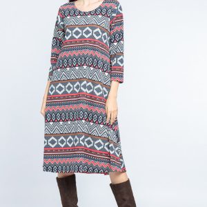 Rochie  A line  midi, imprimeu geometric bleumarin-rosu