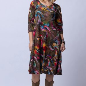 Rochie  A line  midi, imprimeu predominant in nuante de kaki-galben, din vascoza