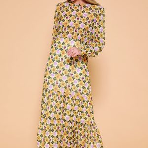 Rochie lunga cu imprimeu floral galben sofran-verde olive