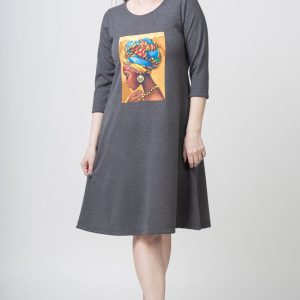 Rochie  A line  gri din jerseu, cu panou   Fata Africana