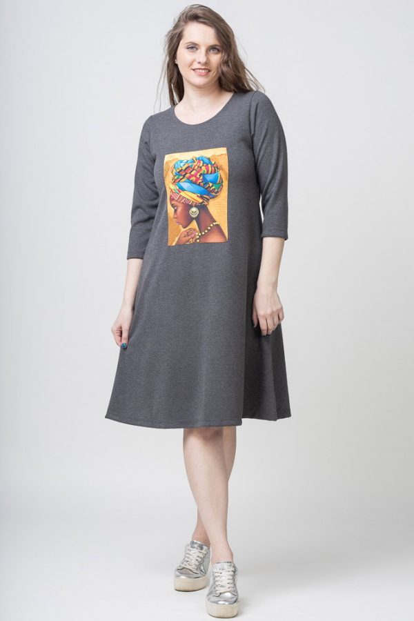 Rochie  A line  gri din jerseu, cu panou   Fata Africana