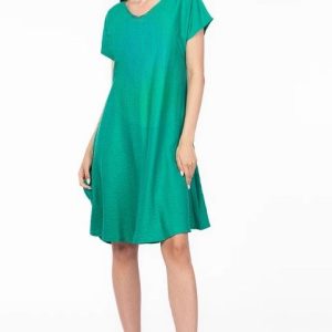 Rochie  A line  verde din in mercerizat si vascoza