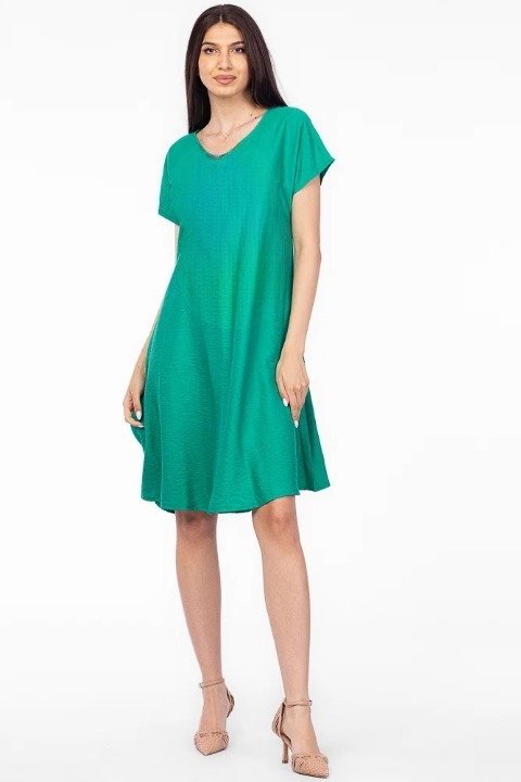 Rochie  A line  verde din in mercerizat si vascoza