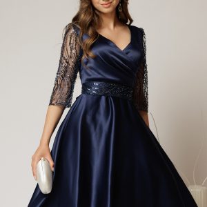 Rochie Adria bleumarin din tafta in clos cu cordon in talie