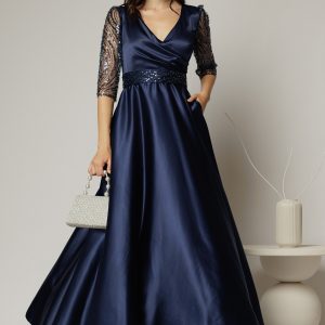Rochie Adria lunga bleumarin cu cordon in talie