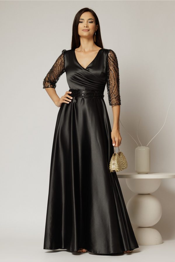 Rochie Adria lunga neagra cu cordon in talie