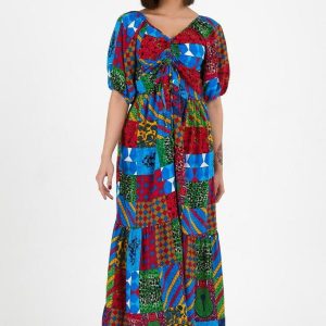 Rochie multicolora cu snur vertical pe bust, din vascoza