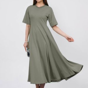 Rochie ampla, lunga clos, din jerseu de bumbac, kaki