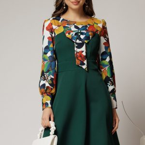 Rochie Andrada din stofa verde cu funda si imprimeu colorat