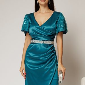 Rochie Atena turcoaz cu maneci scurte si cordon in talie