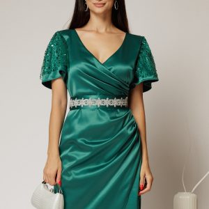 Rochie Atena verde cu maneci scurte si cordon in talie