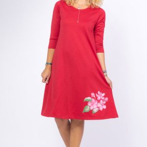 Rochie bordo  A line  midi, cu imprimeu floare picturala