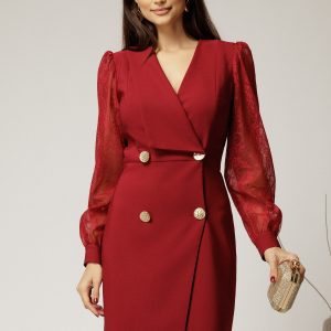 Rochie bordo scurta tip sacou cu maneci din dantela