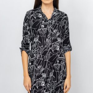 Rochie camasa, neagra, midi, cu imprimeu grafic alb