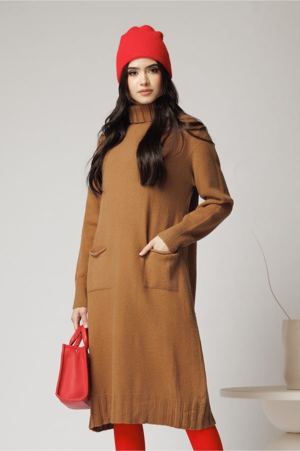 rochie-casual-din-tricot-maro-camel-cu-buzunare-1348004-1093250-4.jpeg Rochie casual din tricot maro camel cu buzunare