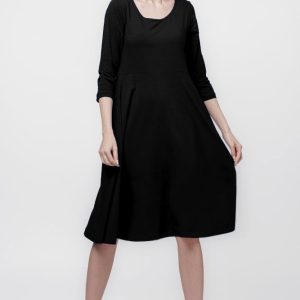 Rochie clos, taiata in talie, cu buzunare ascunse, din bumbac, negru