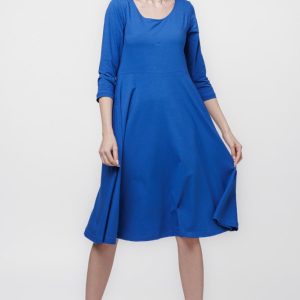 Rochie clos, taiata in talie, cu buzunare ascunse, din bumbac, albastra
