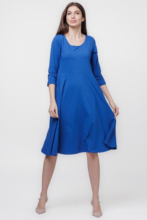 Rochie clos, taiata in talie, cu buzunare ascunse, din bumbac, albastra