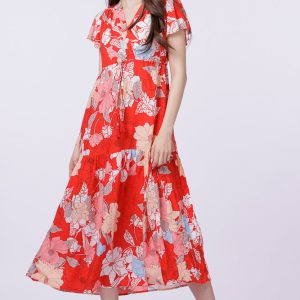 Rochie cu bust petrecut si imprimeu floral pe fond rosu