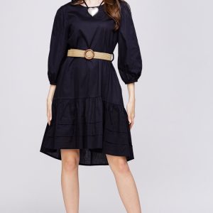 Rochie cu volan din poplin de bumbac cu curea elastica, neagra