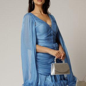 Rochie de ocazie bleu cu maneci vaporoase din voal peliculizat