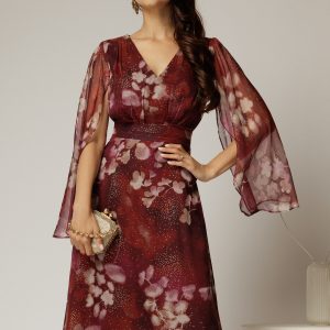 Rochie de ocazie bordo cu imprimeu floral bej si insertii aurii