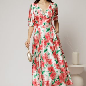 Rochie de ocazie cu imprimeu rosu si verde lunga de ocazie