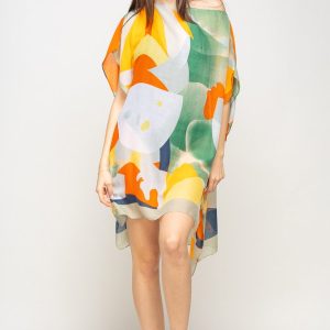 Rochie de plaja tip poncho cu model abstract in nuante de portocaliu, galben si verde, vascoza