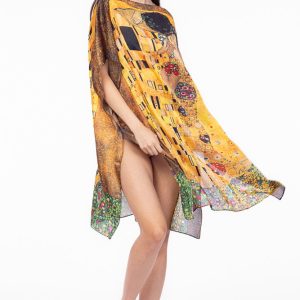 Rochie de plaja tip poncho din matase cu model inspirat dupa   Sarutul    de Gustav Klimt