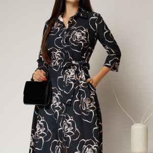 Rochie de zi midi neagra cu imprimeuri bej tip camasa cu cordon in talie