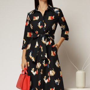 Rochie de zi midi neagra cu imprimeuri tip camasa cu cordon in talie