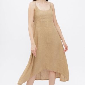 Rochie din in, cu bretele reglabile si elastic la spate, camel