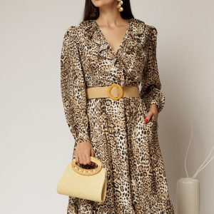 Rochie din stofa animal print cu volan si curea in talie